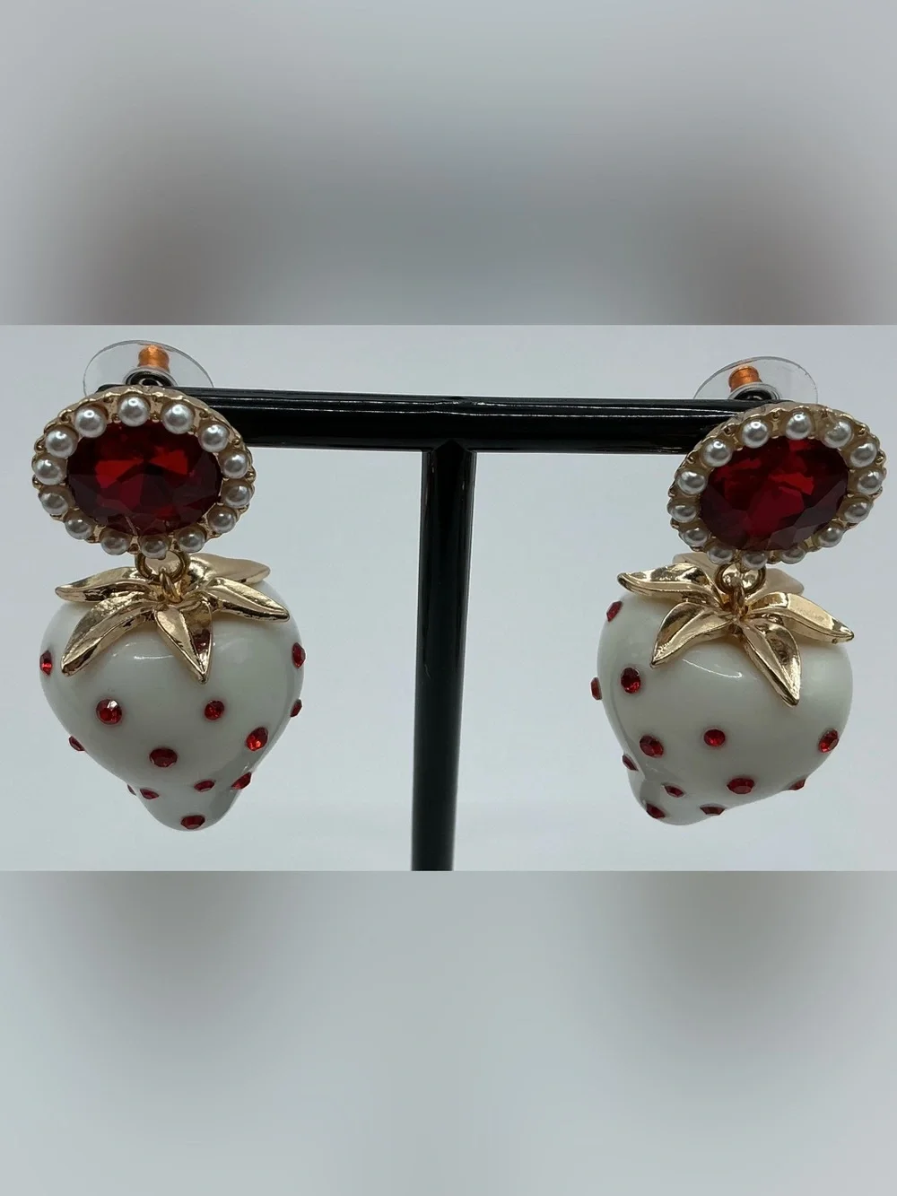 BETSY JOHNSON WHITE STRAWBERRY DROP EARRINGS RED RHINESTONES AND FAUX PEARLS
